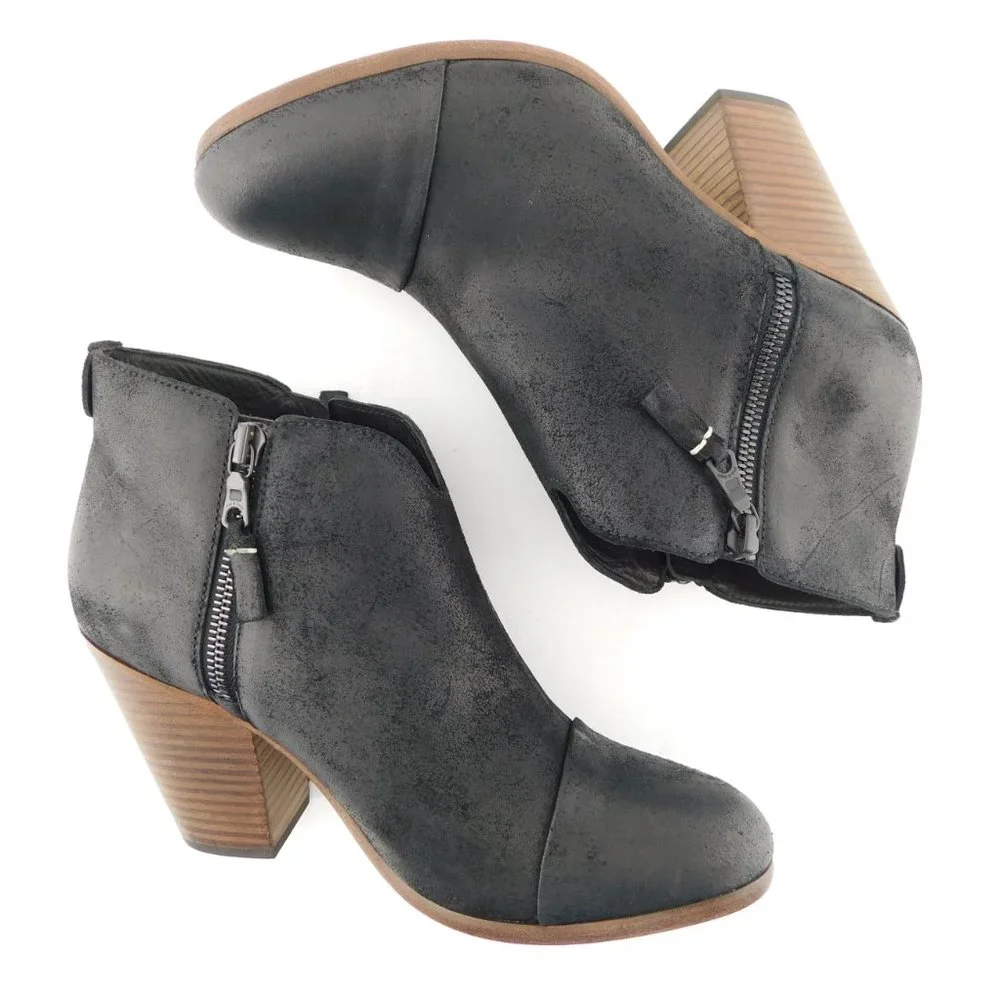 New RAG & BONE Black Leather Cap Toe Block Heel Double Zipper Booties 38.5